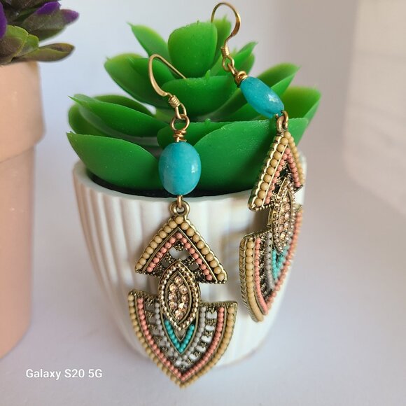 Handmade Aztec Theme Dangle Earrings Multi-Color Ladies Statement Event Festival - Picture 5 of 5